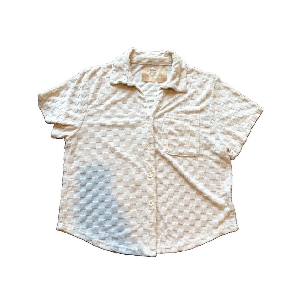 Araminta James Cream Checkered Button Up Terry Resort Beach Top - Womens Size XS